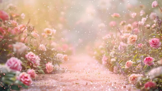 A magical path through a field of pink roses, bathed in soft sunlight, with sparkling dust particles floating in the air.