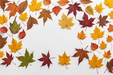 Obraz premium Autumn Leaves Frame: A vibrant arrangement of autumn leaves in various shades of red, yellow, and orange create a beautiful frame around a white background. The leaves are arranged in a natural, orga