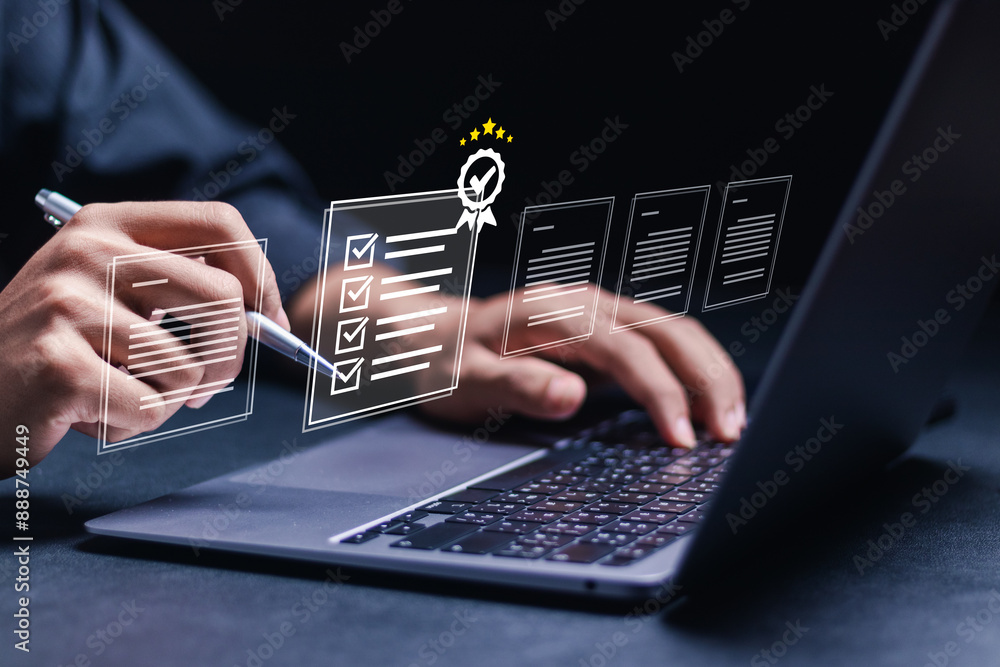 Poster standardization and certification concept. businessman with document, quality certificate and checkl