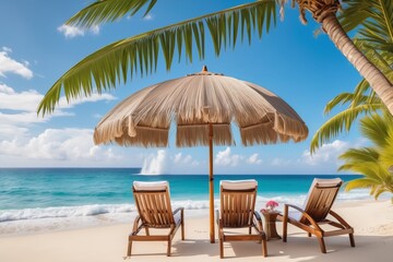 Tropical Beach Paradise:  Escape to paradise with this serene image of three lounge chairs under a thatched umbrella on a pristine white sand beach, with turquoise waters and lush palm trees creating 