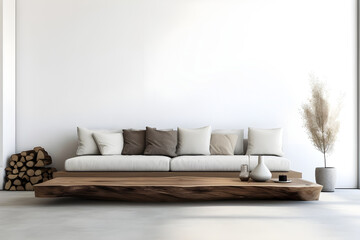 Scandinavian home interior design features a modern living room with a wood slab coffee table, beige pillows, and a white wall.