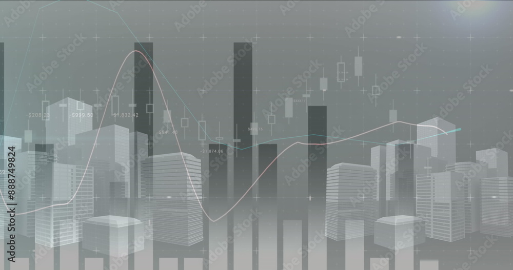 Poster image of multiple graphs and 3d model of buildings against over abstract background