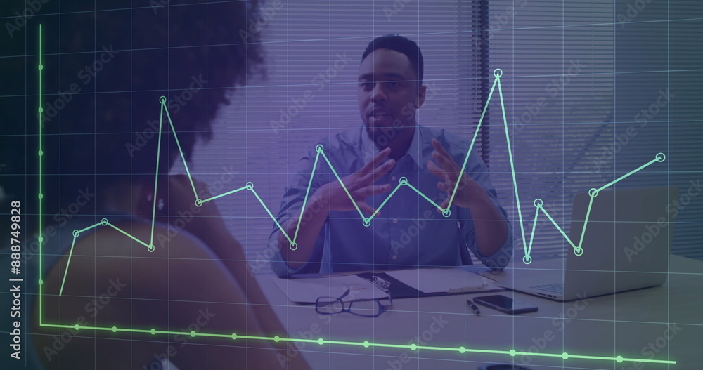 Poster image of graph and grid pattern over diverse coworkers discussing reports on laptop in office