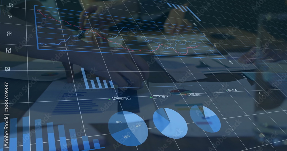 Poster image of graphs with changing numbers over midsection of diverse coworkers discussing reports