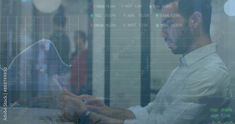 Poster image of multiple graphs and trading board over caucasian man chatting using digital tablet
