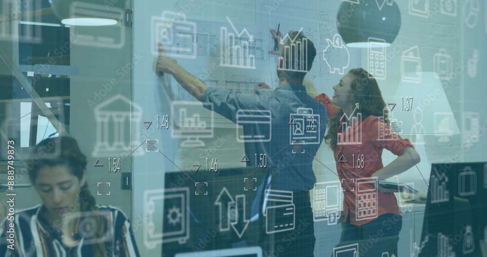 Aufkleber image of multiple icons over diverse architects analyzing blueprint in office