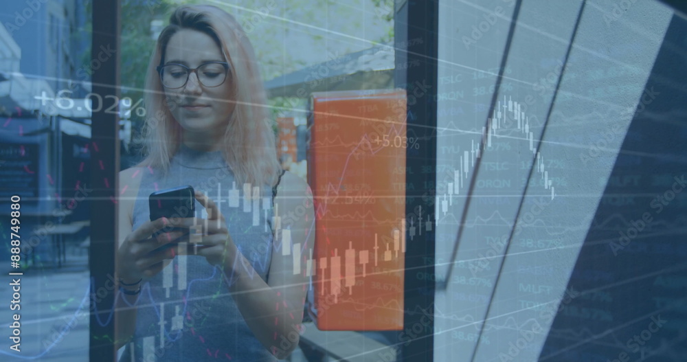 Poster image of graphs with changing numbers over smiling caucasian woman chatting using cellphone