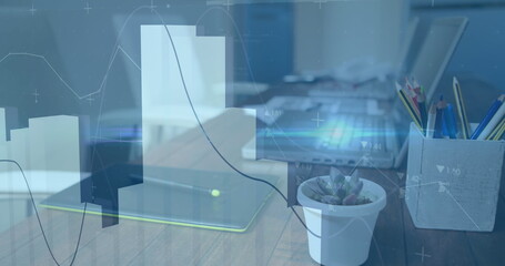 Image of multiple graphs over unoccupied chairs, laptop and pen stand on desk