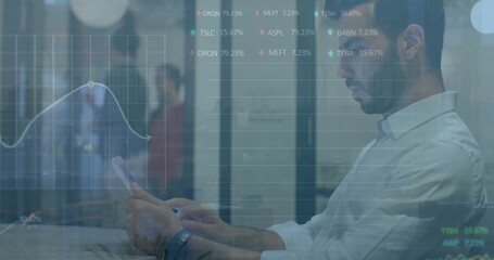 Image of multiple graphs and trading board over caucasian man chatting using digital tablet