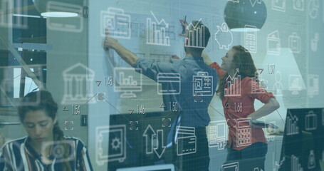 Image of multiple icons over diverse architects analyzing blueprint in office