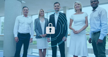 Image of padlock icon over diverse people in office