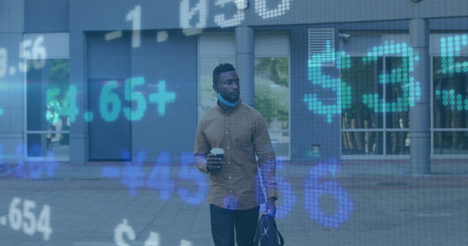 Image of trading board over african american man with bag drinking coffee while walking outdoor