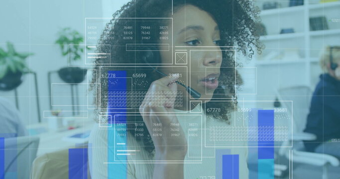 Image of graphs, loading bars and circles, biracial call center agent female guiding customer