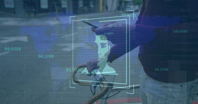 Image of digital profile picture, numbers and map over caucasian man on bicycle using cellphone - Powered by Adobe