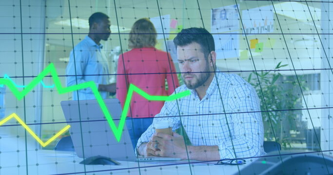 Image of financial data processing over diverse people in office