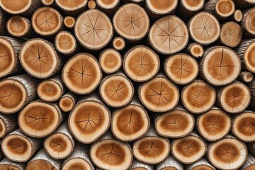 A pile of stacked firewood arranged neatly with brown logs and timber in a forest setting seamless pattern