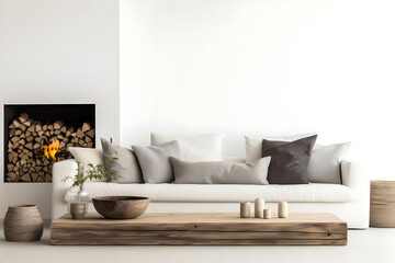 Scandinavian home interior design features a modern living room with a wood slab coffee table, beige pillows, and a white wall.