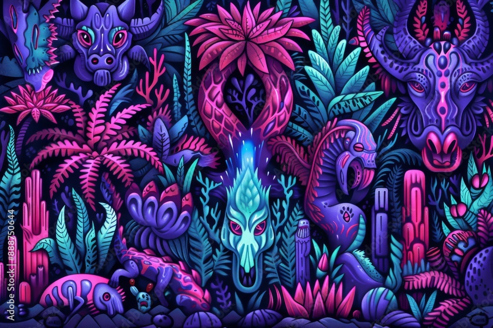 Poster surreal digital artwork with vibrant plants and creatures dynamic and imaginative design modern and 