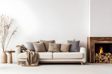 Scandinavian home interior design features a modern living room with a wood slab coffee table, beige pillows, and a white wall.