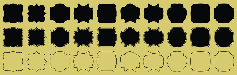 Set of 10 simple vintage labels, vector illustration. Blank frames of various shapes. Elegant black and white background. Simple retro elements for your design.