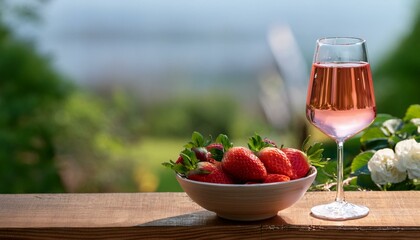 A delicate glass of rosé wine accompanied by a bowl of fresh strawberries and cream, with a