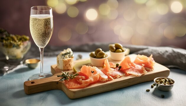  Gourmet charcuterie board of smoked salmon, cream cheese, and capers, paired with a glass of
