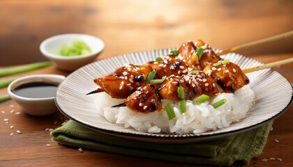 Sticky rice topped with grilled teriyaki chicken skewers, sprinkled with green onions and se