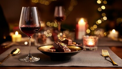 A full-bodied glass of Cabernet Sauvignon with a dark chocolate dessert, adorned with gold l