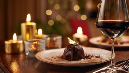 A full-bodied glass of Cabernet Sauvignon with a dark chocolate dessert, adorned with gold l