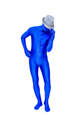 Mysterious blue man in blue suit wears a white hat on his head