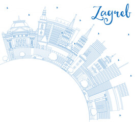 Obraz premium Outline Zagreb Croatia City Skyline with Blue Buildings and Copy Space. Zagreb Cityscape with Landmarks. Business Travel and Tourism Concept with Historic Architecture.