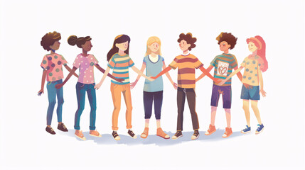 Naklejka premium 18. An inclusive classroom illustration showing a diverse group of students holding hands in a circle, set against a white background