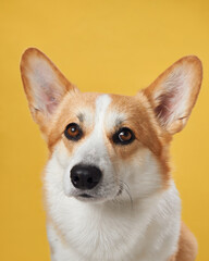 A poised Pembroke Welsh Corgi dog against a vibrant yellow backdrop, displaying the breed's characteristic attentive ears and warm, intelligent gaze