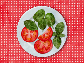 Tomato and spinach dish on a plate against red background, suitable for food and health themes