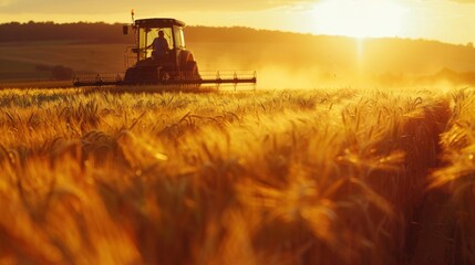 Fototapeta premium A tractor harvesting a golden wheat field at sunset, illustrating the beauty of rural agriculture and farming in the evening light.