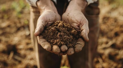 Close-up of farmer's hands holding fresh soil, symbolizing agriculture, growth, and sustainability. Perfect for eco-friendly and farming themes.