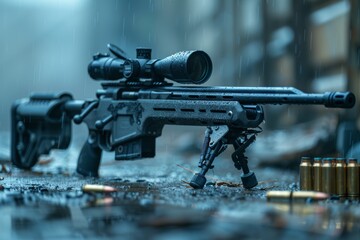 Contemporary sniper rifle with telescopic scope on bipod, ammo and spare magazine nearby