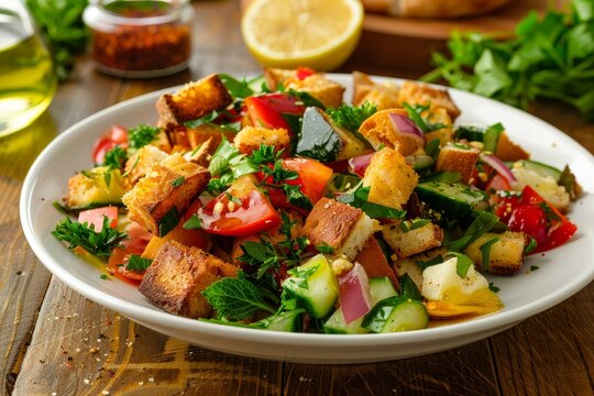 Pita crouton salad on white plate with vegetables herbs sumac lemon olive oil dressing simple and healthy recipe