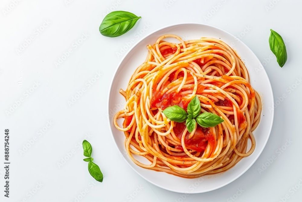 Poster plate with spaghetti and tomato sauce viewed from above on white background