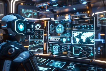 Fototapeta premium Futuristic control room with multiple VR interfaces, highlighting advanced virtual reality technology for productivity and immersive digital experiences