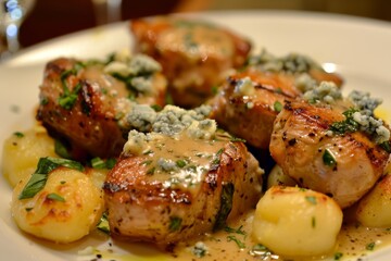 Fototapeta premium Pork medallions with blue cheese sauce and gnocchi