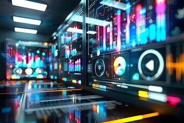 High tech AI server room with vibrant digital displays, showcasing advanced technology, innovation, and dynamic data processing