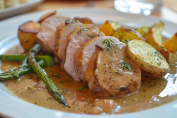 Pork tenderloin in mustard gravy with veggies and potatoes