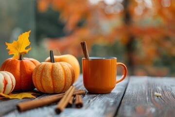 Autumn scene with pumpkins, cinnamon sticks, and orange mug on rustic wooden table. Cozy fall atmosphere with warm colors.