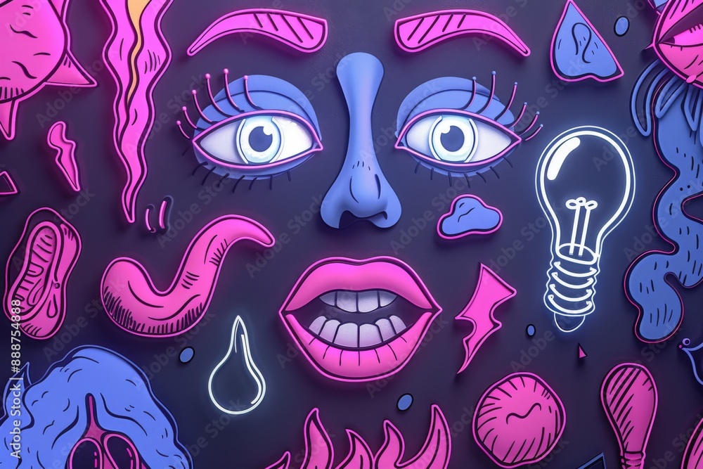 Poster abstract digital artwork with vibrant faces and neon patterns dynamic and imaginative design modern 