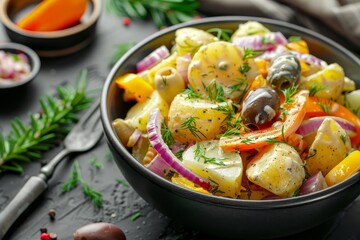 Potato salad with mustard dressing peppers onions and olives