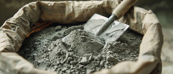 Powdered cement is packed with trowel in bag