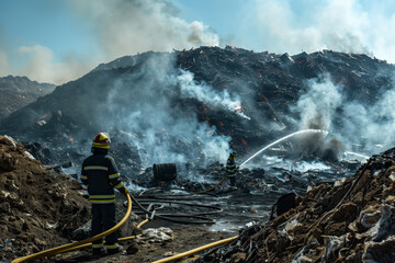 firefighters extinguish with hoses fire at the huge hill of landfill with a lot  smoke