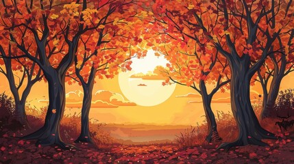 Sunset in Autumn: Amidst rustling leaves, the sun sets behind a tapestry of fiery foliage, casting a golden glow over the landscape in a serene autumnal symphony.
