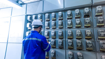 Electrical maintenance engineer checking .Electricity meter and write down value of electricity on...